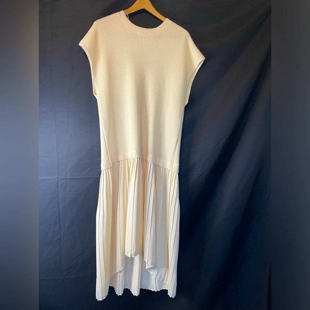 Zara Cream Large Knit sleeveless Pleated Dropwaist Dress Large NWT